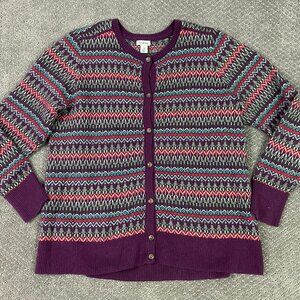LL Bean Cardigan Sweater Women's Medium Petite Fair Isle Cotton Cashmere Blend